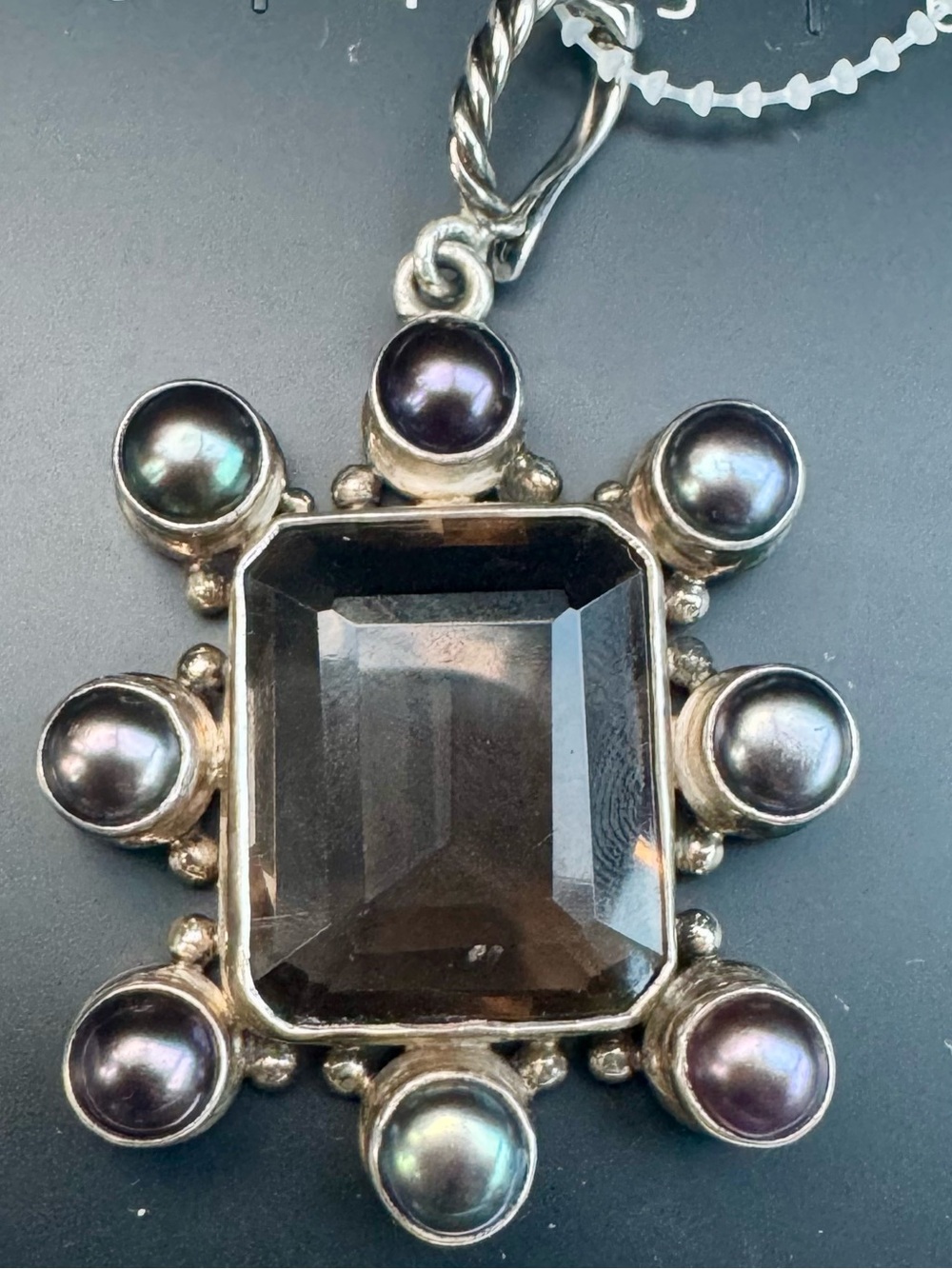 925 Sterling Smoky Quartz Peacock Pearl Halo  Large Pendant Statement